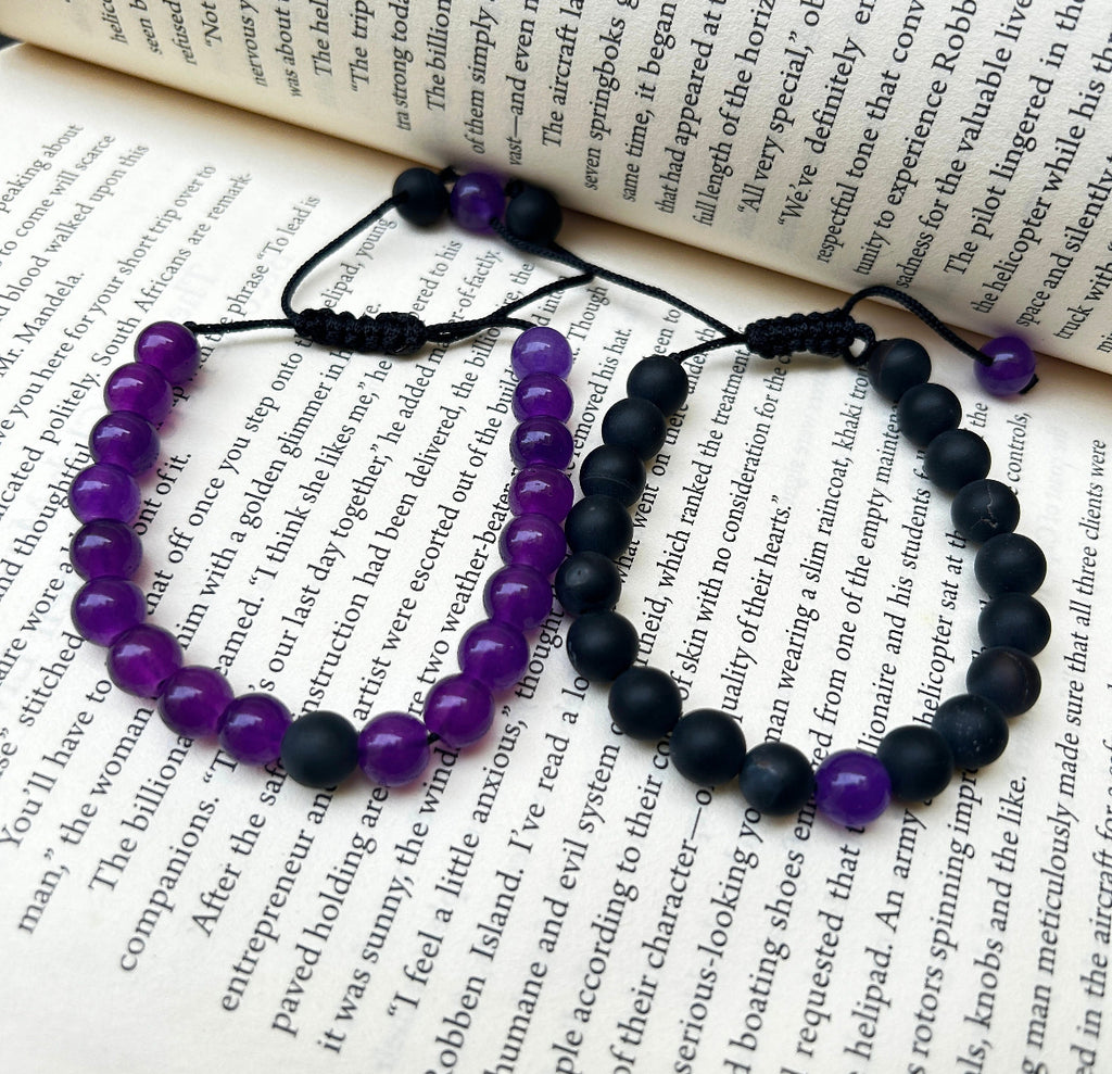 Black Purple Pair Macrame Adjustable Matching Bracelets Set