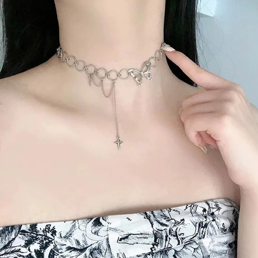 Silver Punk Style Geometric Circle Star Tassel Butterfly Choker Necklace