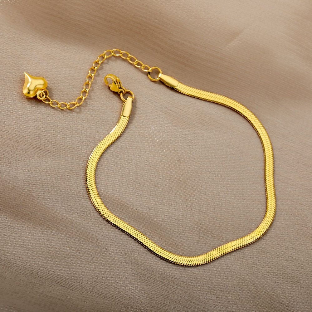 18K Plated Snake Bone Chain Anklet with Heart Charm