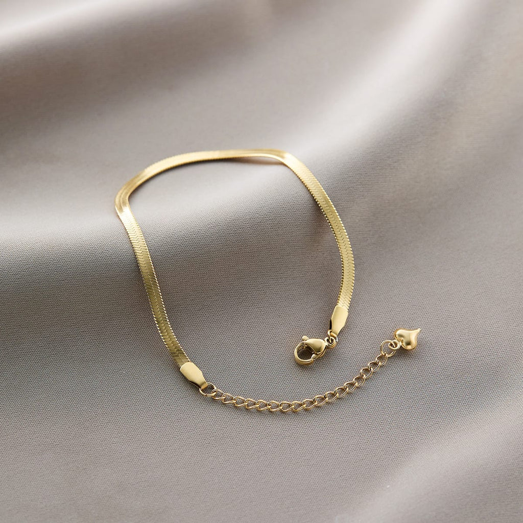 18K Plated Snake Bone Chain Anklet with Heart Charm