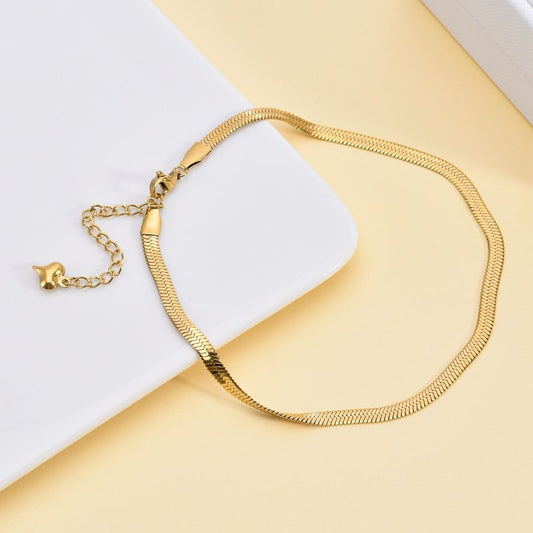 18K Plated Snake Bone Chain Anklet with Heart Charm