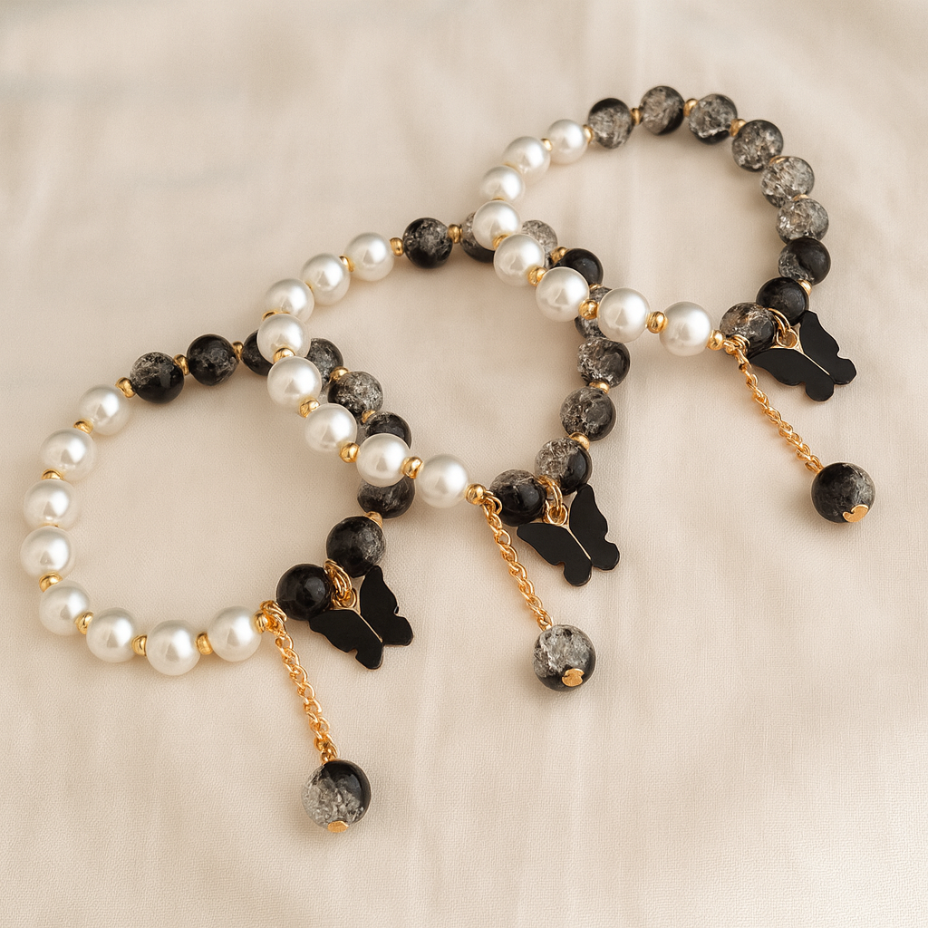 Elegant Pearl & Black Beaded Butterfly Charm Trio Bracelet