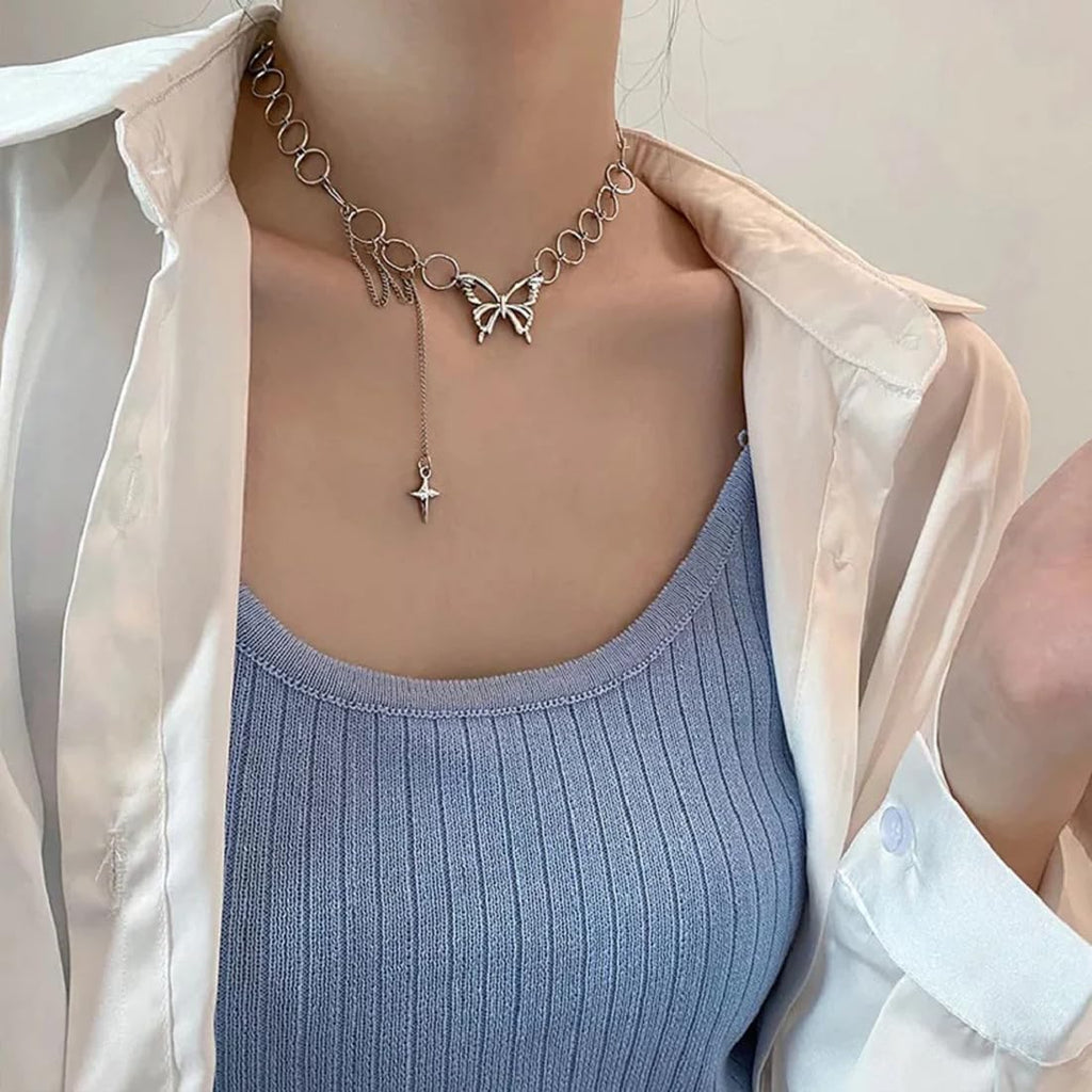 Silver Punk Style Geometric Circle Star Tassel Butterfly Choker Necklace