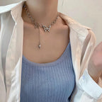 Silver Punk Style Geometric Circle Star Tassel Butterfly Choker Necklace