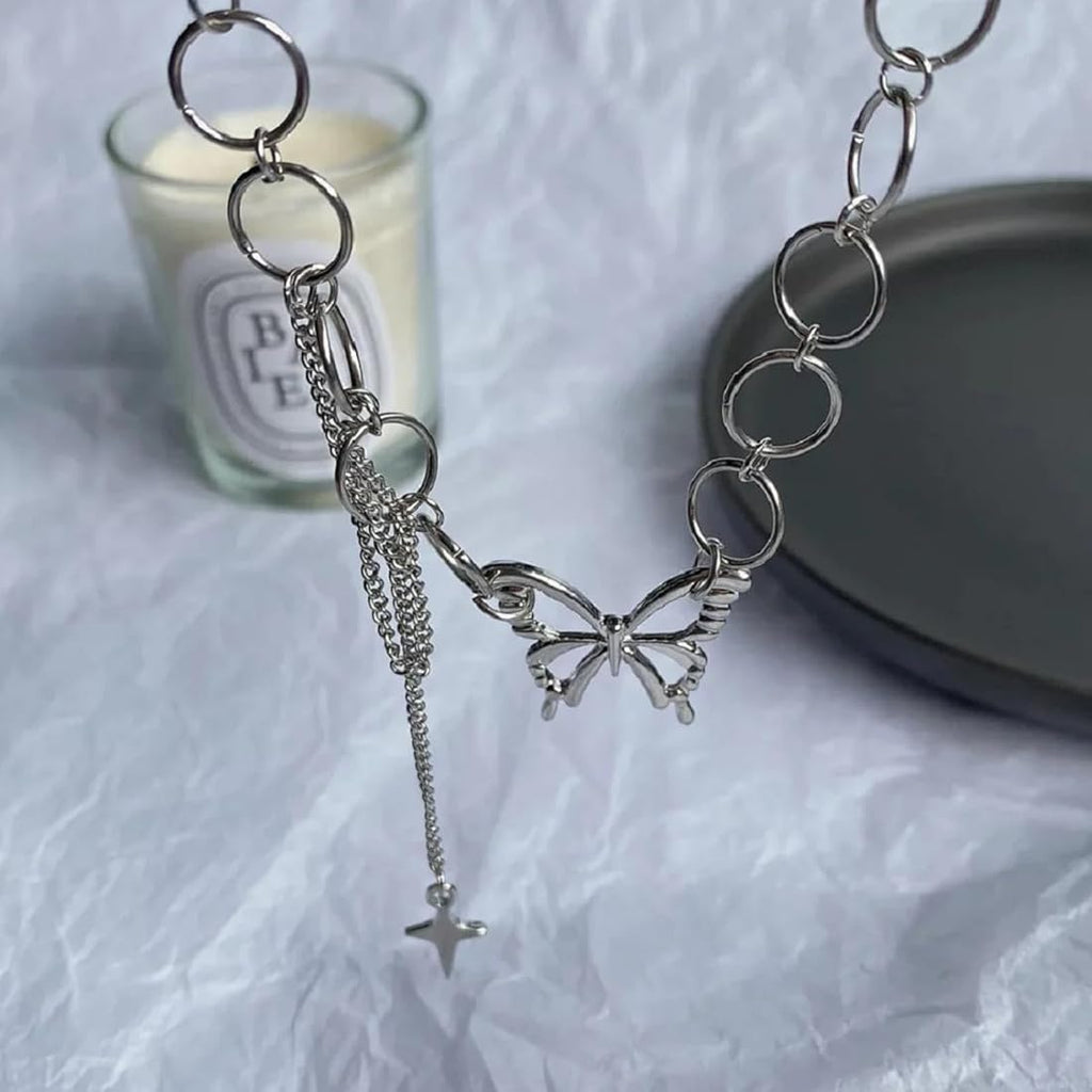 Silver Punk Style Geometric Circle Star Tassel Butterfly Choker Necklace