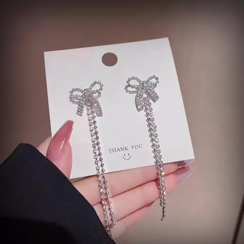 Korean Rhinestone Chain Bow Dangling Earrings