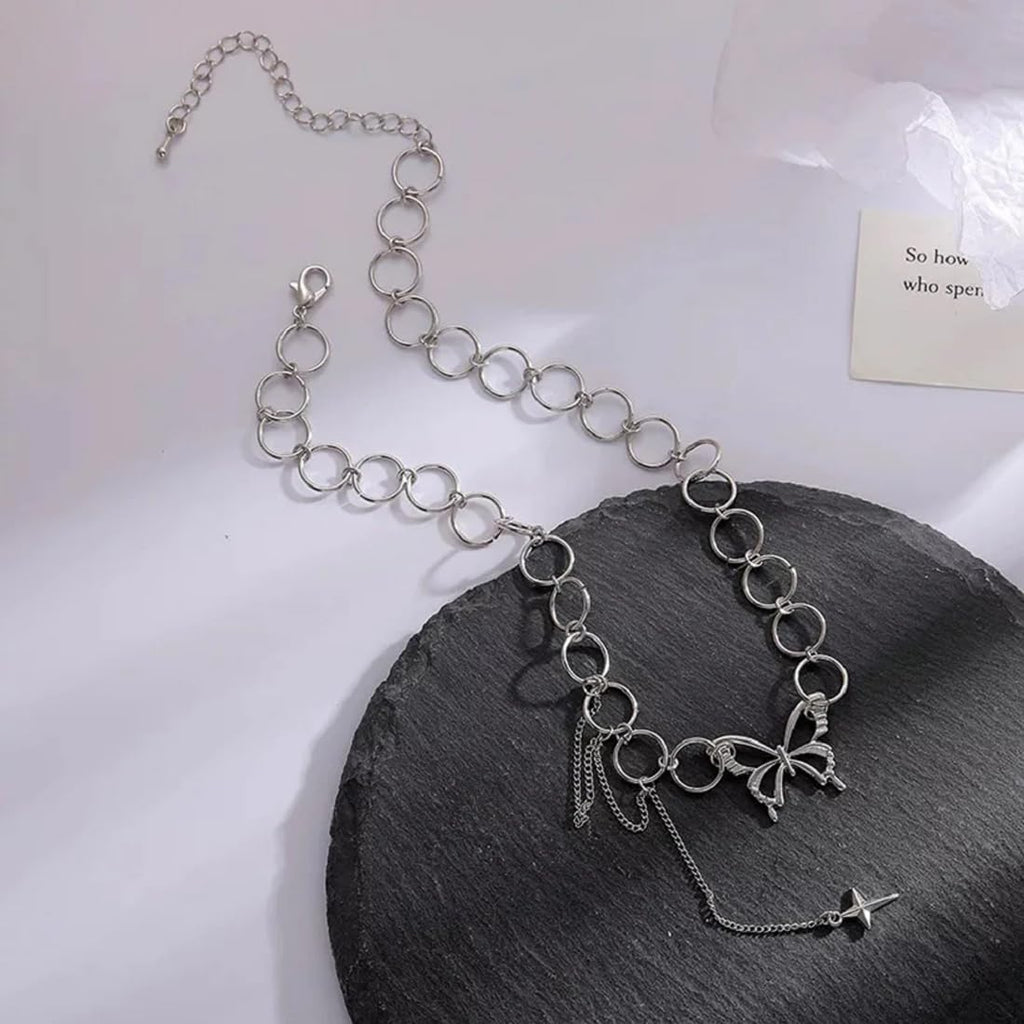 Silver Punk Style Geometric Circle Star Tassel Butterfly Choker Necklace