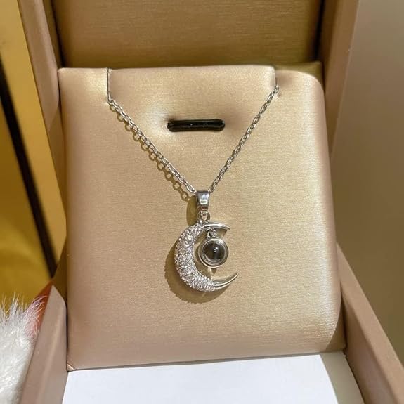 I Love You in 100 Languages – Silver Crescent Moon Pendant Necklace