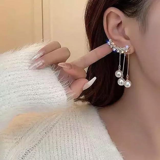 Korean Long Tassel Crystal Studded Drop Earrings