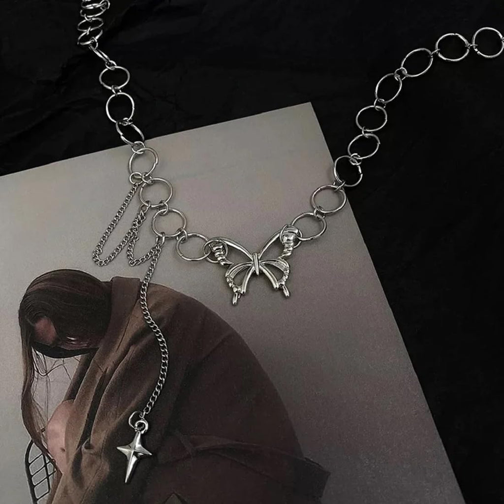 Silver Punk Style Geometric Circle Star Tassel Butterfly Choker Necklace