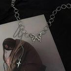 Silver Punk Style Geometric Circle Star Tassel Butterfly Choker Necklace