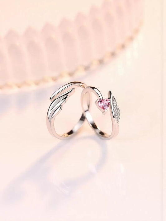 Angel Wings Heart Pink Stone Adjustable Couple Ring