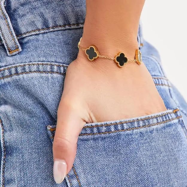 Five Clover Charm Black Adjustable Bracelet