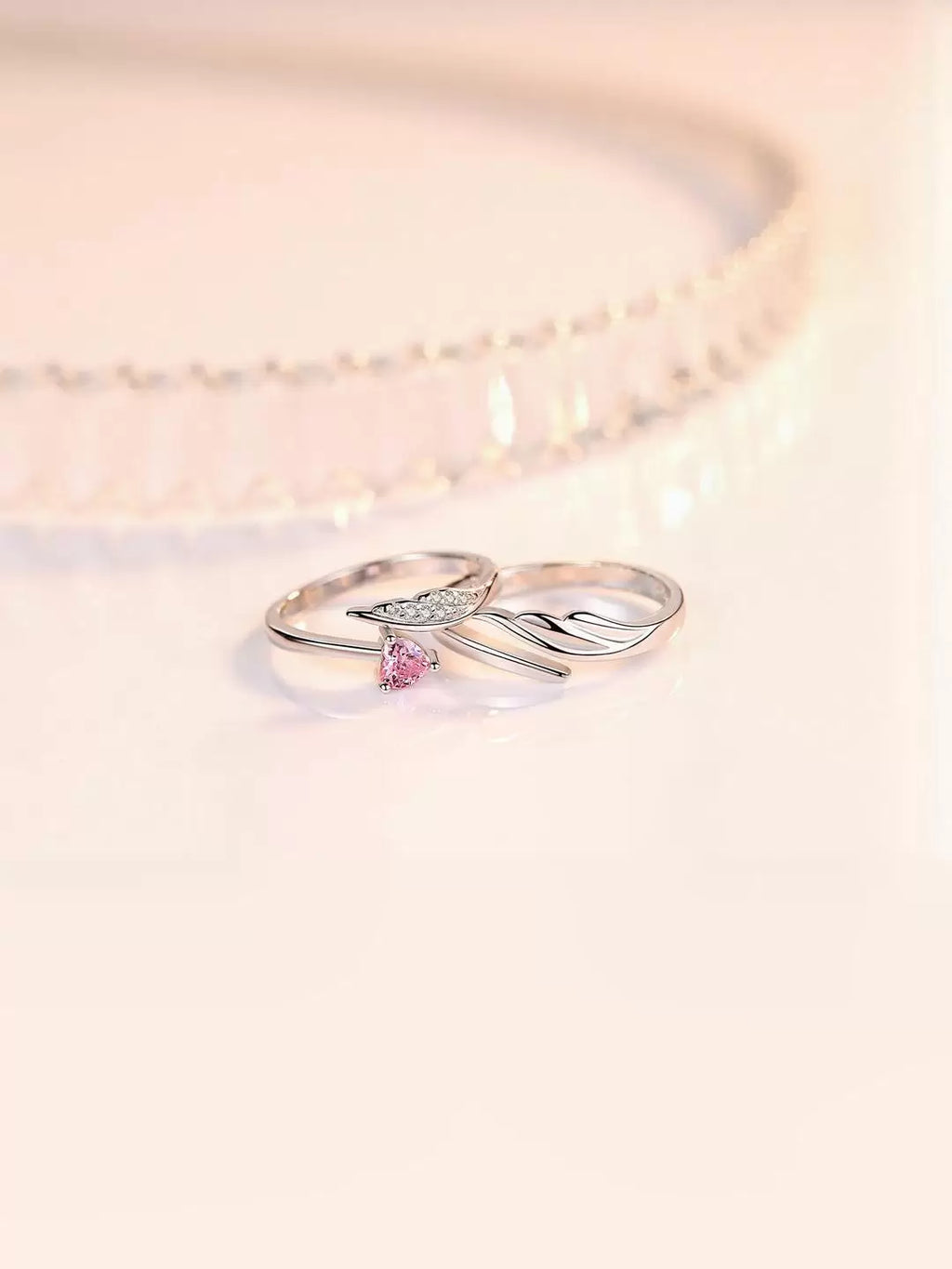 Angel Wings Heart Pink Stone Adjustable Couple Ring