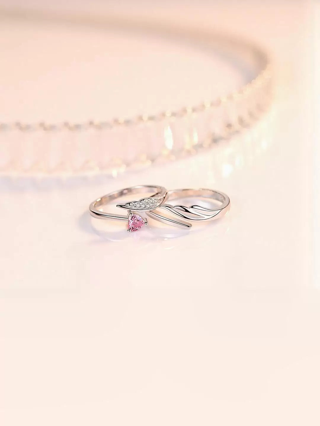 Angel Wings Heart Pink Stone Adjustable Couple Ring
