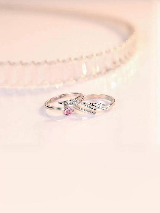 Angel Wings Heart Pink Stone Adjustable Couple Ring