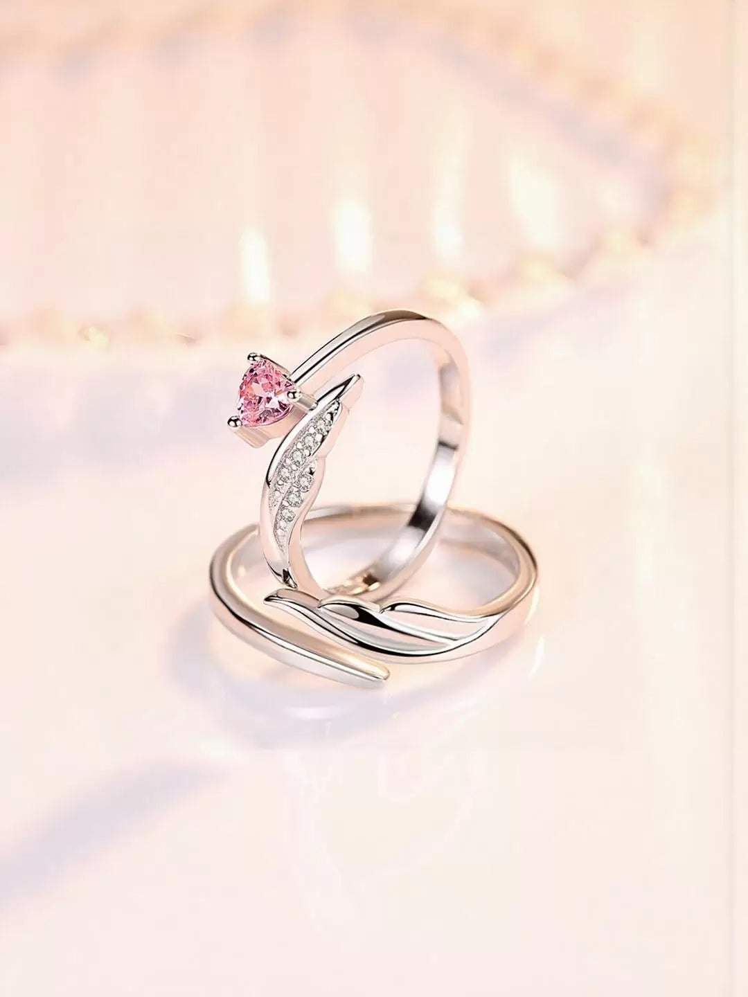Angel Wings Heart Pink Stone Adjustable Couple Ring