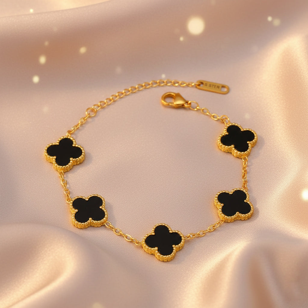 Five Clover Charm Black Adjustable Bracelet