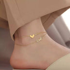 18k Heart Shaped with Love Letter Double Layer Snake Chain Anklets