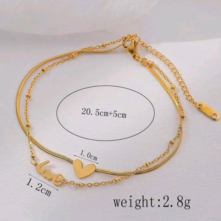 18k Heart Shaped with Love Letter Double Layer Snake Chain Anklets