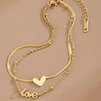 18k Heart Shaped with Love Letter Double Layer Snake Chain Anklets