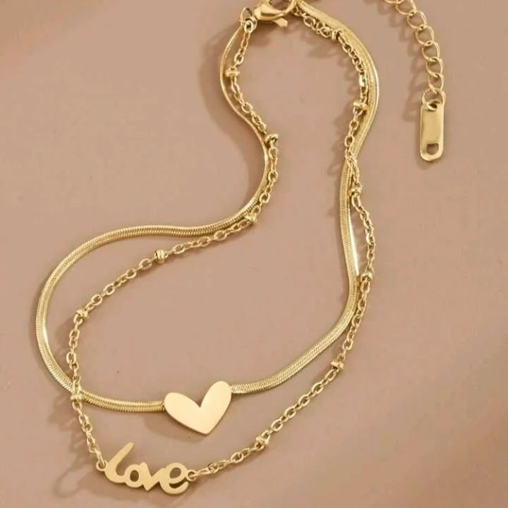 18k Heart Shaped with Love Letter Double Layer Snake Chain Anklets