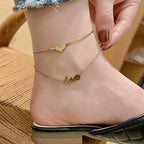 18k Heart Shaped with Love Letter Double Layer Snake Chain Anklets
