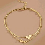 18k Heart Shaped with Love Letter Double Layer Snake Chain Anklets