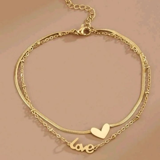 18k Heart Shaped with Love Letter Double Layer Snake Chain Anklets