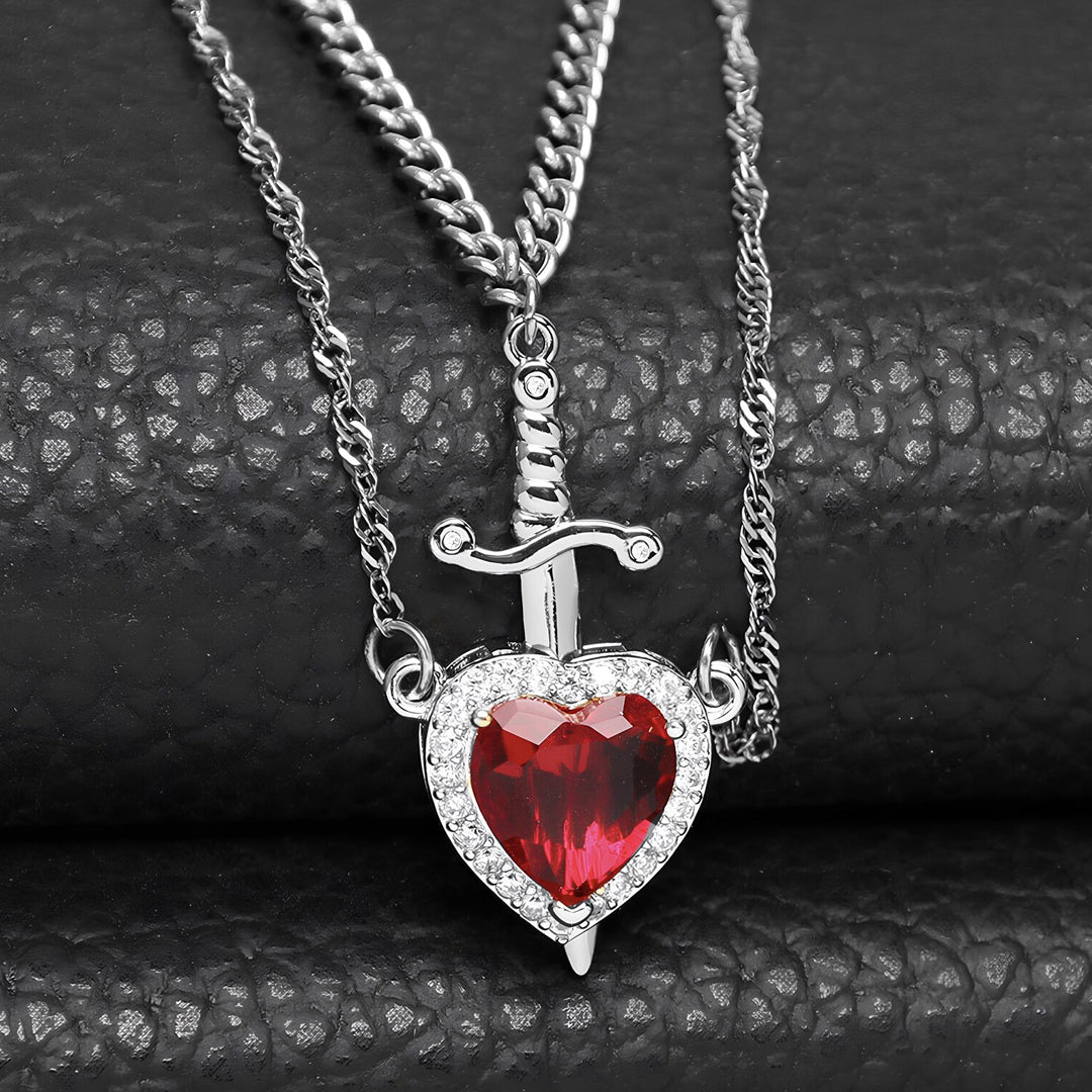 Red Zircon Love Heart Gothic Sword Layered Dagger Pendant Set