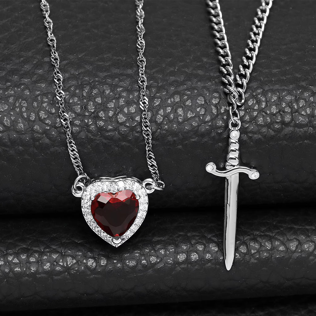 Red Zircon Love Heart Gothic Sword Layered Dagger Pendant Set