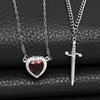 Red Zircon Love Heart Gothic Sword Layered Dagger Pendant Set