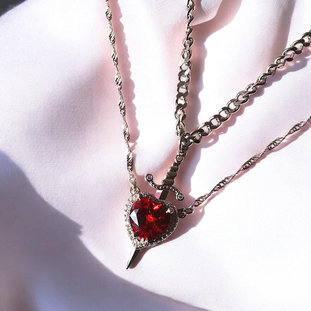 Red Zircon Love Heart Gothic Sword Layered Dagger Pendant Set