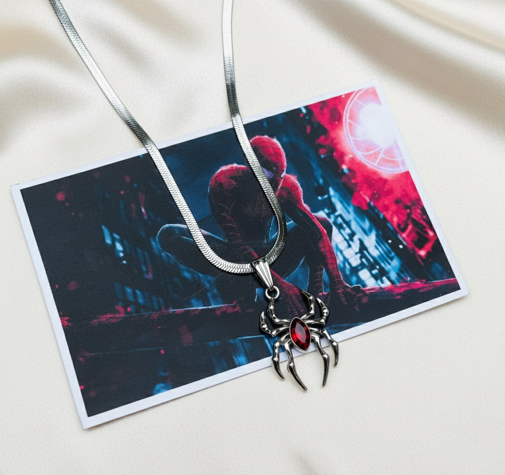Red Stone Spiderman Necklace | Spider Man Locket & Spider Pendant with Spider Chain