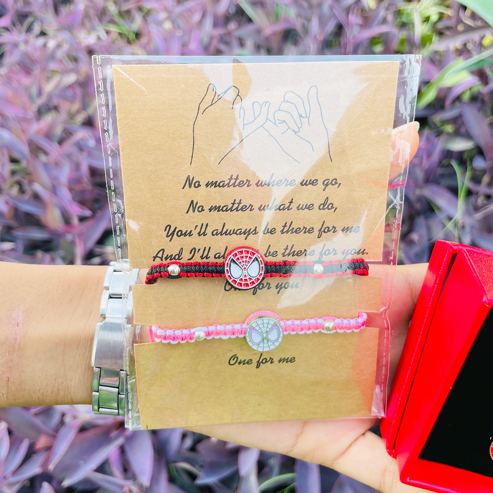 Spider-Man & Spider-Gwen Matching Bracelets & Pendants Set