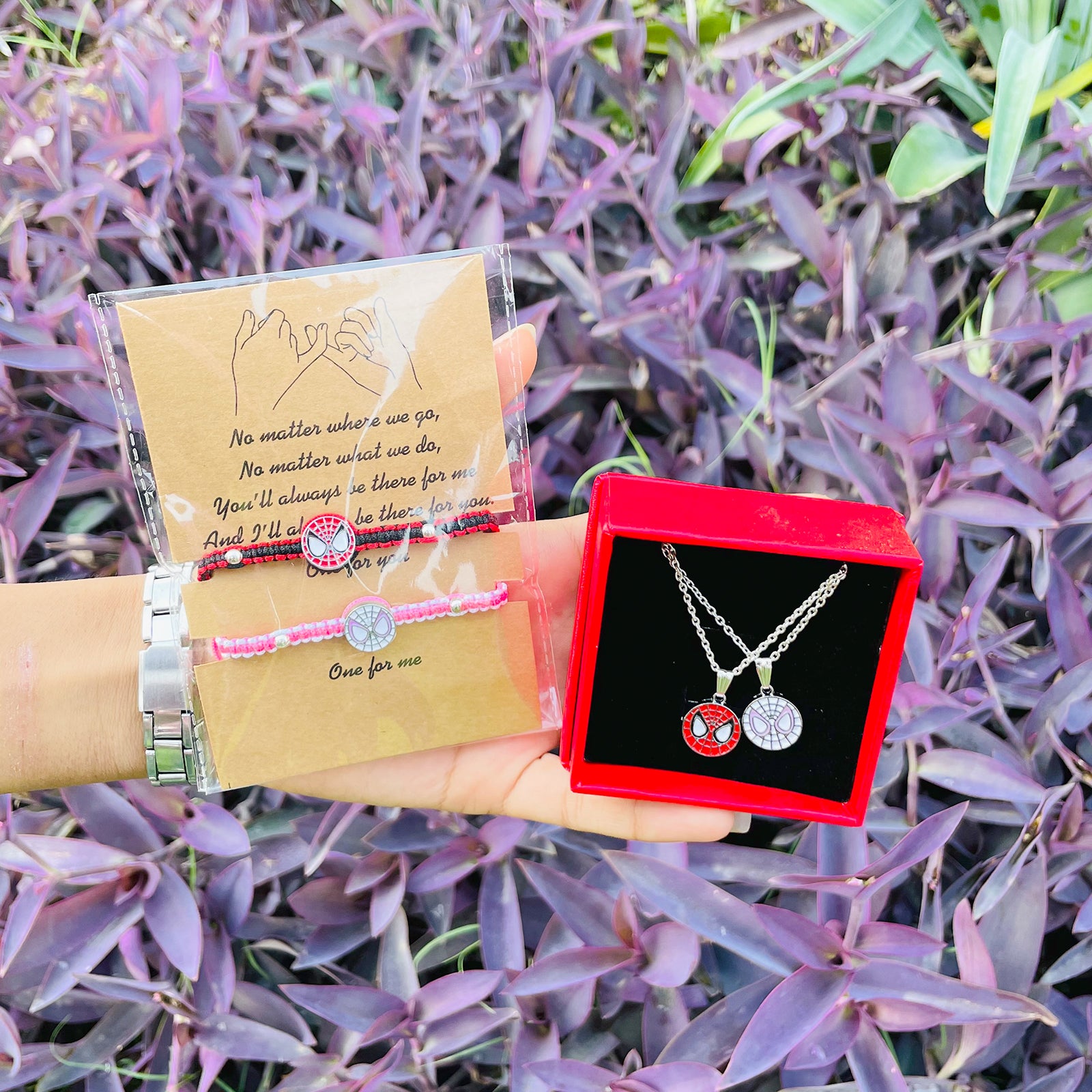 Spider-Man & Spider-Gwen Matching Bracelets & Pendants Set