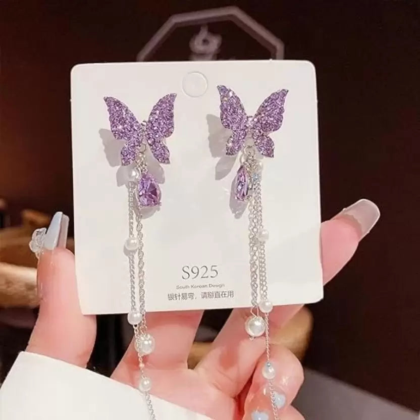 Korean Style Silver Tone Purple Butterfly Drop Earrings