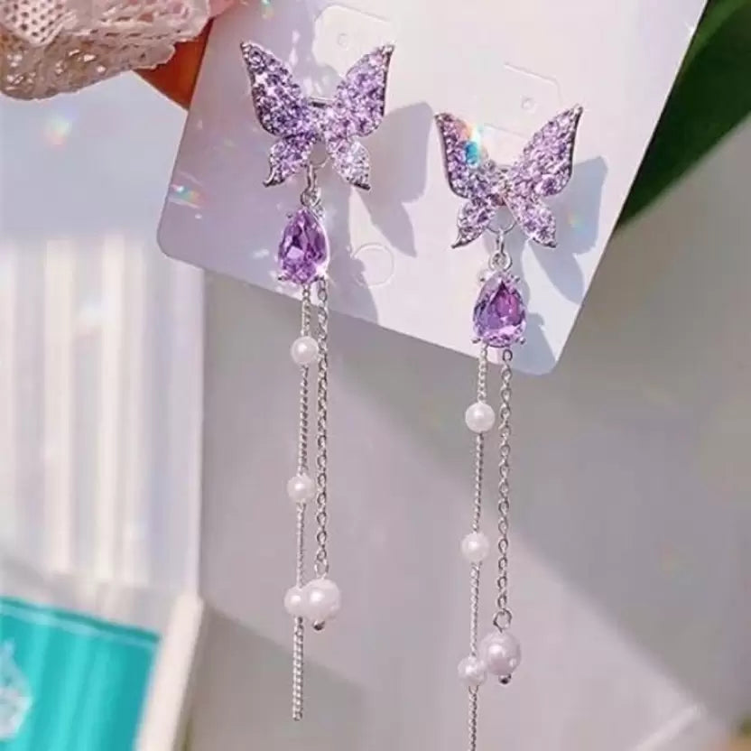 Korean Style Silver Tone Purple Butterfly Drop Earrings